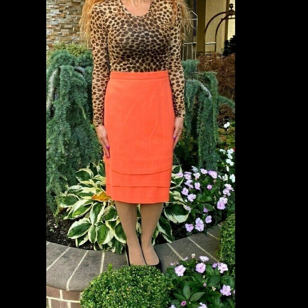 Escada Margaretha Ley Skirt 36 6 Virgin Wool Layered Tier Pencil Vintage Orange